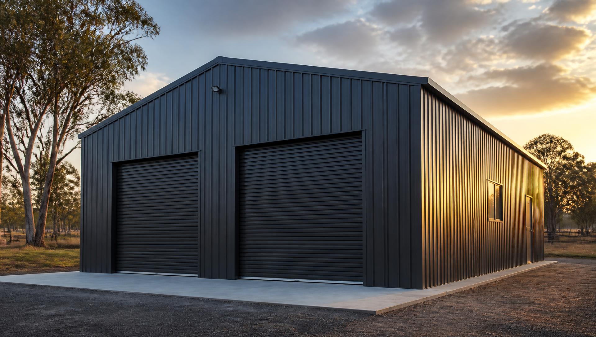 Custom Monument COLORBOND® steel shed with two roller doors built by Spartan Sheds™ in Bundaberg QLD